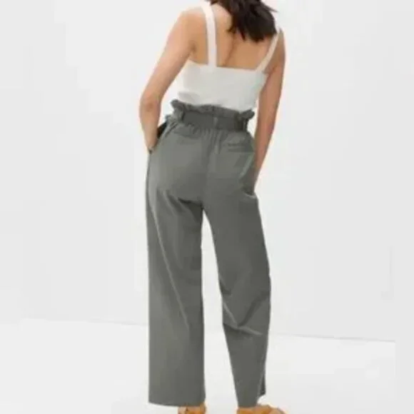 Everlane Paper Bag Waist Wide Leg High Rise Organic Cotton Pants Green XS - Picture 3 of 8